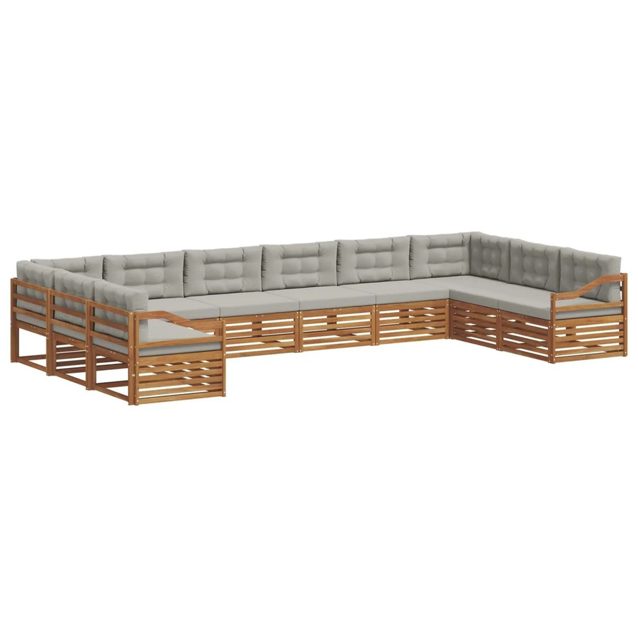 vidaXL Sofagarnitur aus Massivholz Akazie in Natur und Hellgrau, 10-teiliges Set mit Ecksofas und Kissen im modernen Latten-Design - Bild 2