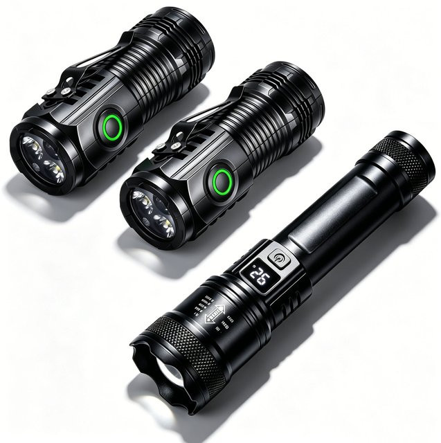BALDR LED-Taschenlampen-Set in Schwarz mit kleinem EDC-Schlüsselanhänger und großer zoombarer Taschenlampe mit Digitalanzeige, USB-C wiederaufladbar - Bild 1