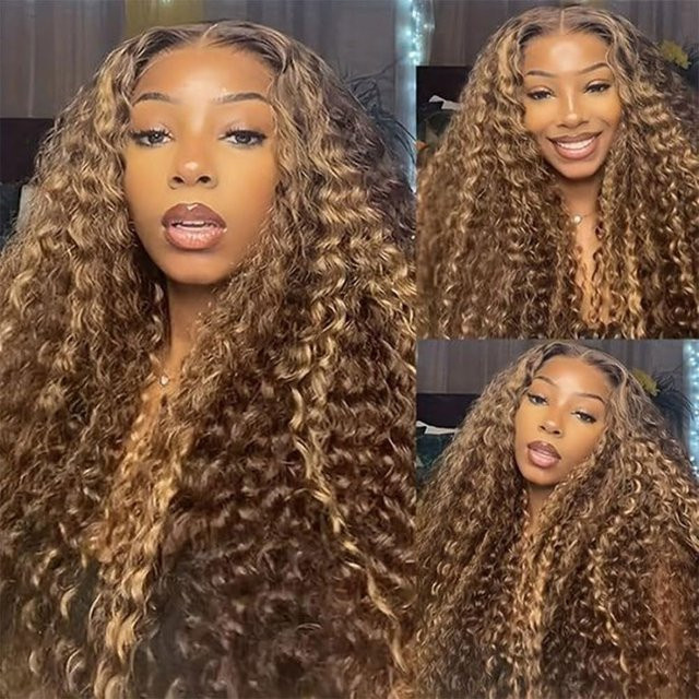 Honigblonde Ombre Lace Front Perücke, Echthaar, Deep Wave, Lockiges Haar - Bild 1