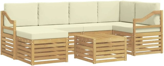 vidaXL Outdoor-Sofagarnitur 7-teilig in L-Form aus Akazienholz mit Polstern in Weiß und Beige - Bild 1