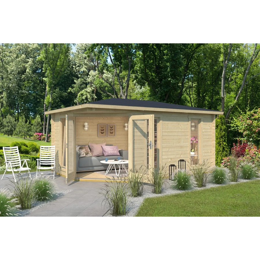 LASITA MAJA Blockbohlenhaus Edinburgh in Braun und Beige mit Walmdach und klassischem Design, B/H/T: 490,3 x 246,24 x 322,3 cm - Bild 3