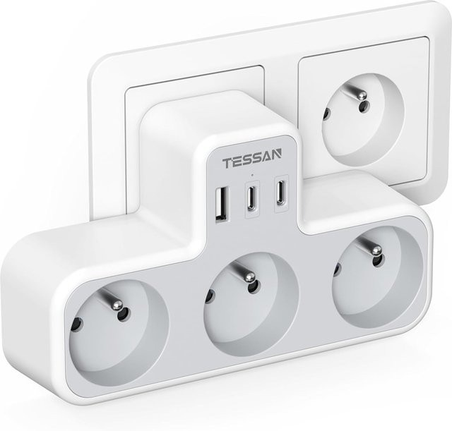 TESSAN 6 in 1 Mehrfachsteckdose mit 3 Steckdosen, 2 USB-C und 1 USB-A Port in Grau mit Überlastschutz - Bild 1