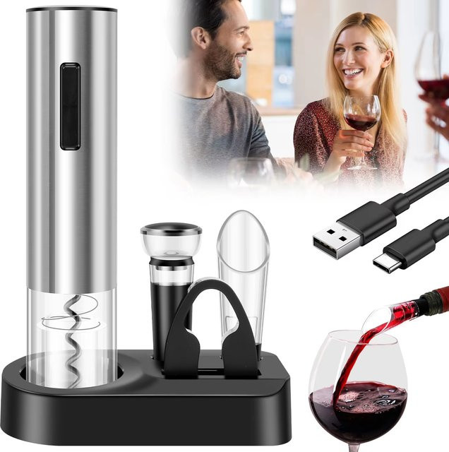 Venlohome Elektrisches Weinset mit Korkenzieher, Vakuumstopfen, Folienschneider und Weinausgießer in Weiß und Silber aus Edelstahl - Bild 1