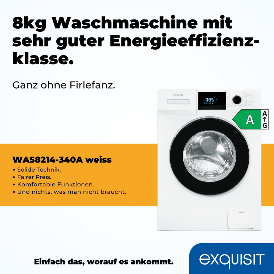 Exquisit WA58214-340A Waschmaschine in Weiß mit 8 kg Waschkapazität, 1400 U/min Schleuderdrehzahl und Aquastop - Bild 2
