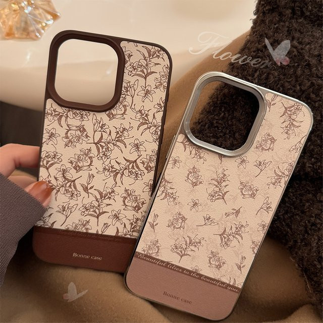 MUQGEW Handyhülle mit koreanischem Retro-Lilien-Blumenmuster und Ledertextur für iPhone 17, 16, 15, 14, 13, 12, 11 (Pro Max), stoßfest, Farbe: Beige - Bild 1