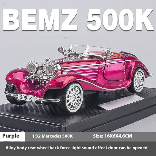 Fourall- Model Cars Mercedes Benz 500K 1936, Modellauto, Maßstab 1:32, Metall, violett, mit Licht und Sound - Bild 1