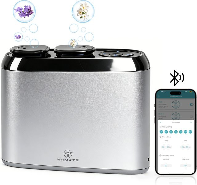 NAMSTE Dual-Düsen-Aroma-Diffusor in Silber, elektrischer Duftspender mit Bluetooth-Steuerung für ätherische Öle, ohne Wasser, 4000 mAh, 100 m³ - Bild 1