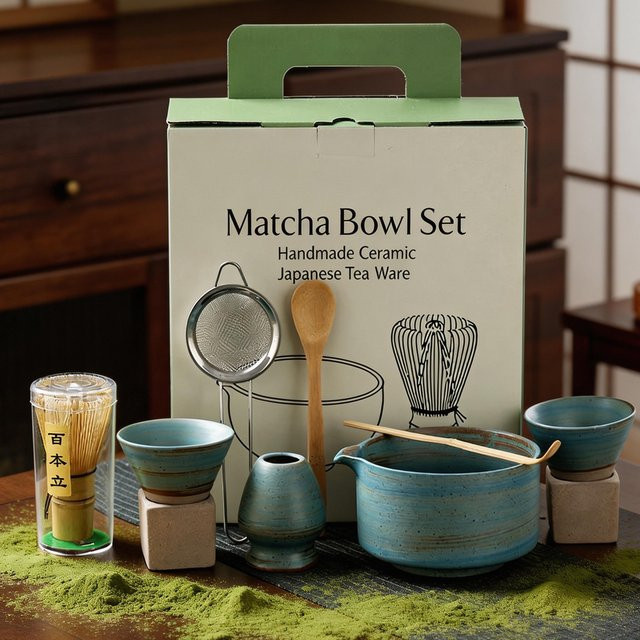 8-teiliges Japanisches Matcha-Set von shunxiang in Blau mit Keramikschale, Bambus-Besen und Zubehör zur Tee-Zubereitung - Bild 1