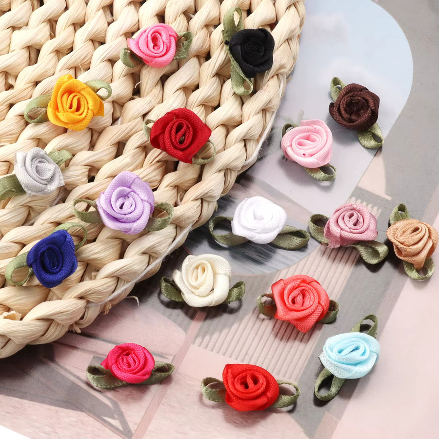 50 Stück Satinband-Rosenblumen mit grünen Blättern in Pink und Multicolour für DIY-Dekorationen, Nähen und Hochzeiten - Bild 3