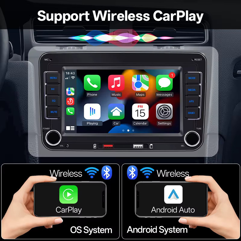 Hippcron 2DIN Multimedia MP5 Autoradio mit 7 Zoll Display, Wireless Carplay und Android Auto, Schwarz, passend für Volkswagen, Seat, Skoda, Passat, Golf und Polo - Bild 2