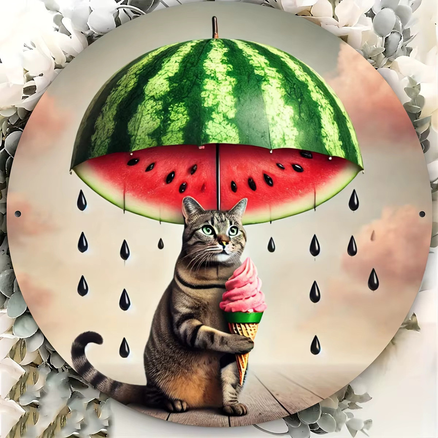 Potdemiel Metallschild Katzen und Wassermelonen-Regenschirm Dekoration, B/H: 20 x 20 cm, Mehrfarbig - Bild 6