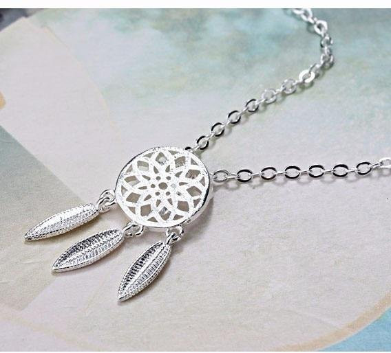 Halskette 925 Sterling Silber, Dreamcatcher Feder Anhänger, Unisex, grau - Bild 1