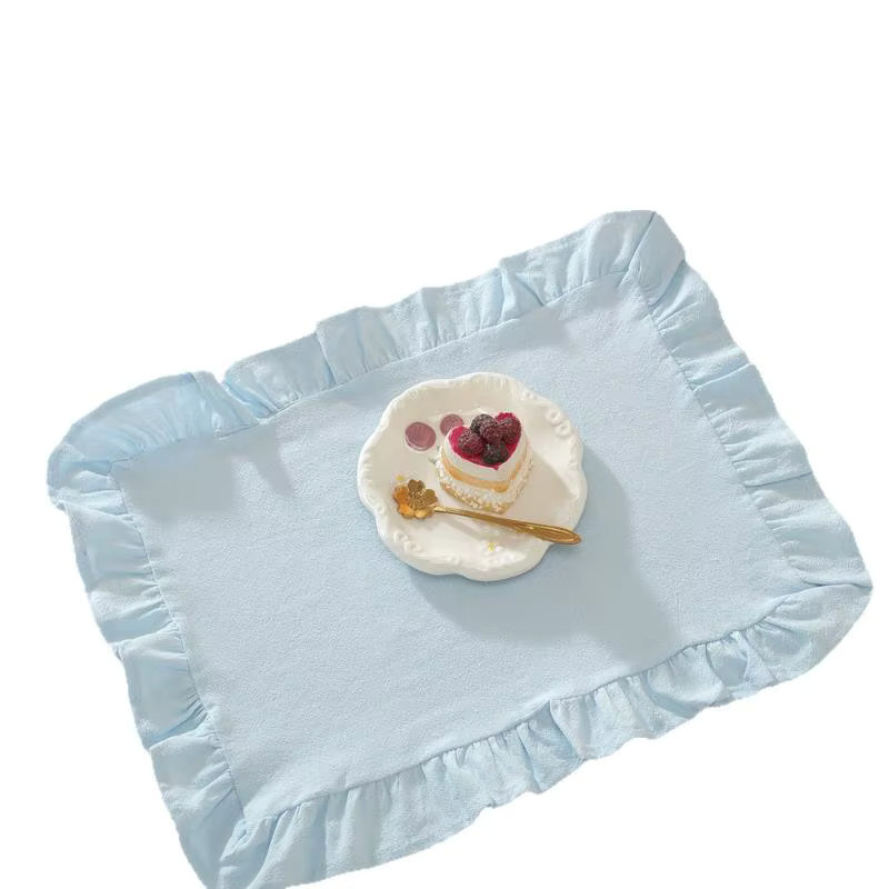 KuZHEN Tischset mit Rüschen in Rosa-Blau gestreift als Tischdekoration für Küche und Esszimmer - Bild 1