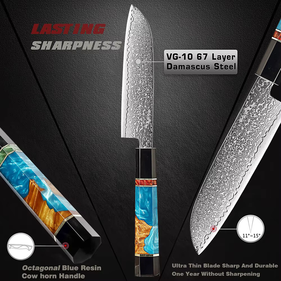 Xituo Santoku Küchenmesser aus Damaststahl mit Harz-Holzgriff in Multicolour, 12,7 cm - Bild 3