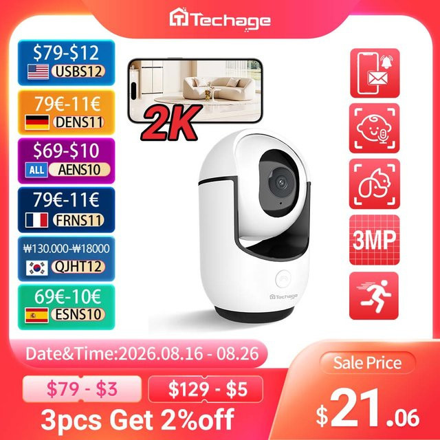 Techage 2K WLAN-Sicherheitskamera mit Schrei-Erkennung, 355 Grad PT Auto-Tracking und Zwei-Wege-Audio, Weiß - Bild 1