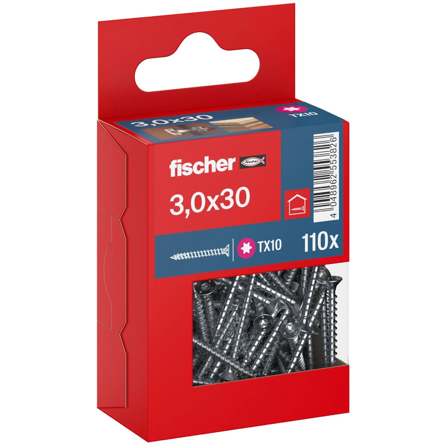 Fischer PowerFast II Senkkopf Schraube mit Torx-Antrieb und Vollgewinde aus verzinktem Stahl, Durchmesser: 3 mm, Länge: 30 mm, 110 Stück - Bild 2