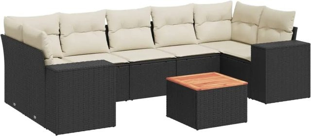 vidaXL 8-tlg Garten-Sofagarnitur in L-Form aus Polyrattan mit Kissen und Couchtisch, Schwarz und Weiß - Bild 1