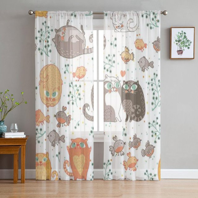 Super Six Transparente Chiffon-Fenstervorhänge mit Katzen- und Vogelmotiv in Weiß, B: 135 cm, H: 114 cm - Bild 1