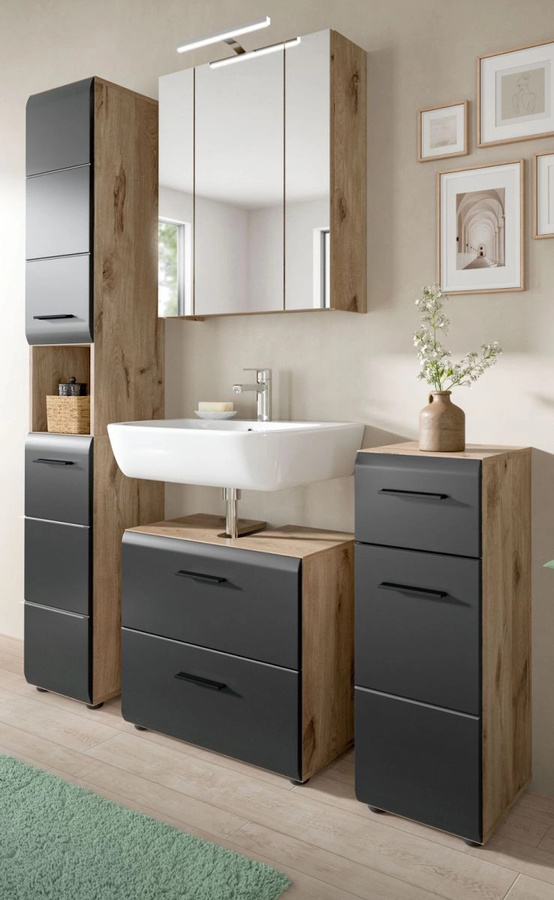 Badmöbel Set Cover 4-teilig in Schwarz und Eiche, modern und matt, mit Waschtischunterschrank, Spiegelschrank, Hochschrank und Seitenschrank, Breite: 150 cm, Höhe: 185 cm, Tiefe: 30 cm - Bild 1