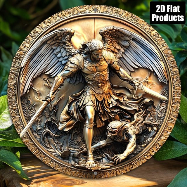 Rundes Aluminium-Metallschild Angel Warrior von Hello Young in Gold, Durchmesser: 20,3 cm, Wanddekoration für Zuhause, Bar oder Büro - Bild 1