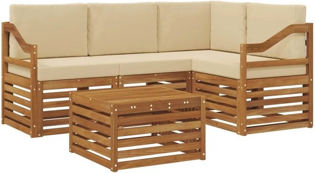 vidaXL 5-teiliges Gartenmöbelset L-Form aus Akazienholz in Natur und Beige mit Kissen - Bild 1