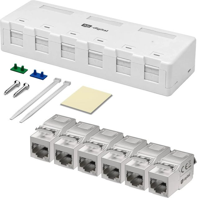 hb-digital Netzwerkdose Aufputz Set mit 6 Port Anschlussbox und CAT 6a Keystone Modulen - Bild 1