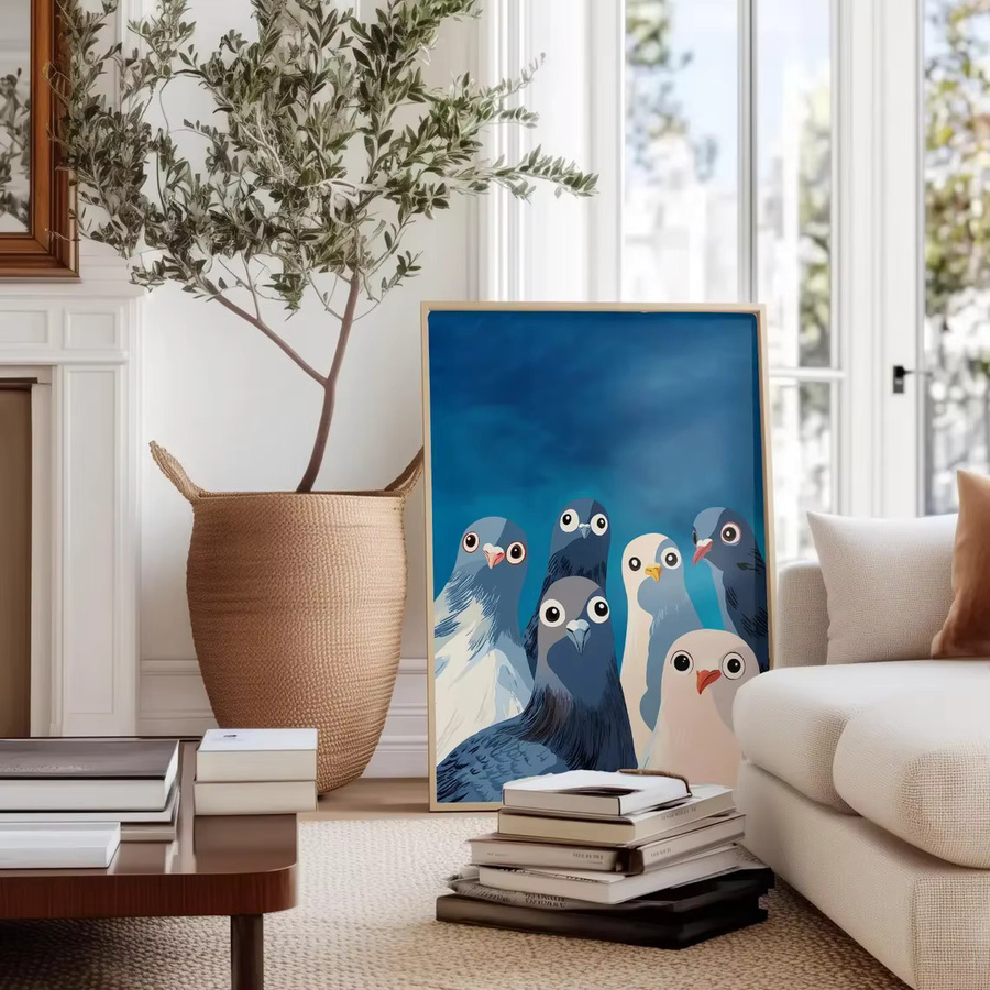 Nosy Pigeon Kunstdruck von SHENCHEN – Lustige Tauben-Wandkunst als moderner Paper Poster in Blau - Bild 3