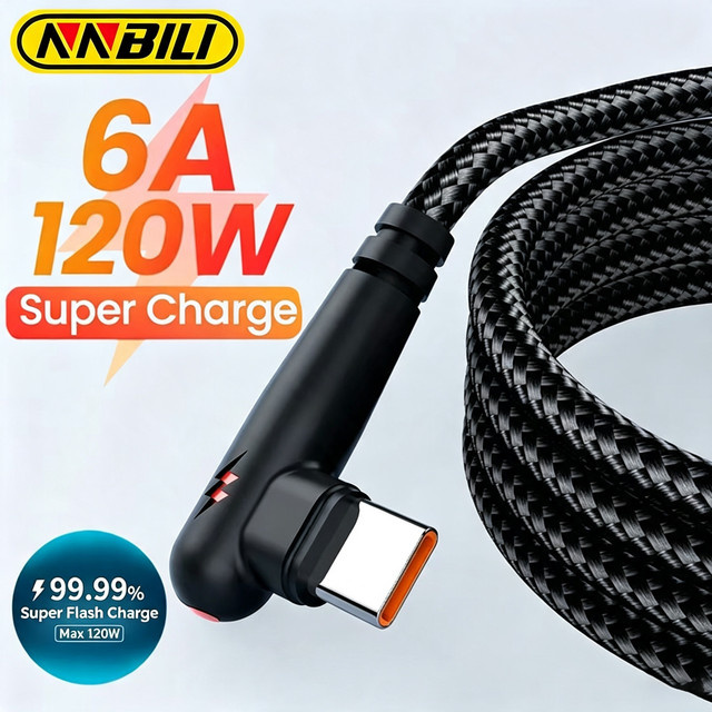 NNBILI USB zu Typ-C Kabel mit 90 Grad Winkel, 120 W Schnellladekabel für Huawei, Xiaomi und Samsung, Schwarz - Bild 1