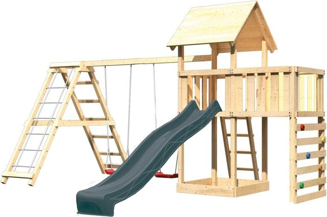 Karibu Spielturm Lotti aus Massivholz in Anthrazit mit Rutsche, Schaukel, Kletterwand und Plattform - Bild 1