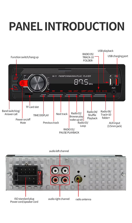 BQCC 1Din Bluetooth Autoradio MP3-Player mit FM/AM Radio, USB, AUX und Sprachsteuerung in Schwarz - Bild 5