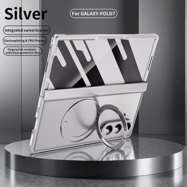 Samsung Galaxy Z Fold 7 Handycase in Silber mit magnetischem Ständer und gehärtetem Glas Displayschutz - Bild 1