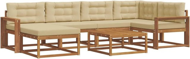 vidaXL Outdoor-Sofagarnitur L-Form aus Akazienholz mit 7 Kissen in Natur und Beige - Bild 1