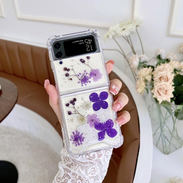 GAGP Schutzhülle mit echten getrockneten Blumen für Samsung Galaxy Z Flip 4, Z Flip 3, Z Flip 2 und Z Flip 1, transparent pink, stoßfest und weich - Bild 1
