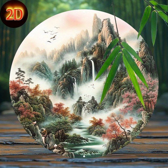 Runde chinesische Landschafts-Wandkunst aus rostfreiem Metall von Potdemiel mit Berg, Wasserfall und Kirschblüten, Durchmesser: 20,0 cm - Bild 1