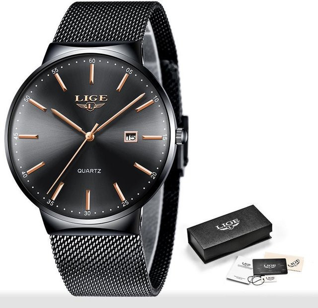 LIGE Analoguhr, Quarz, Edelstahl, Schwarz, Damen, 40 mm - Bild 1