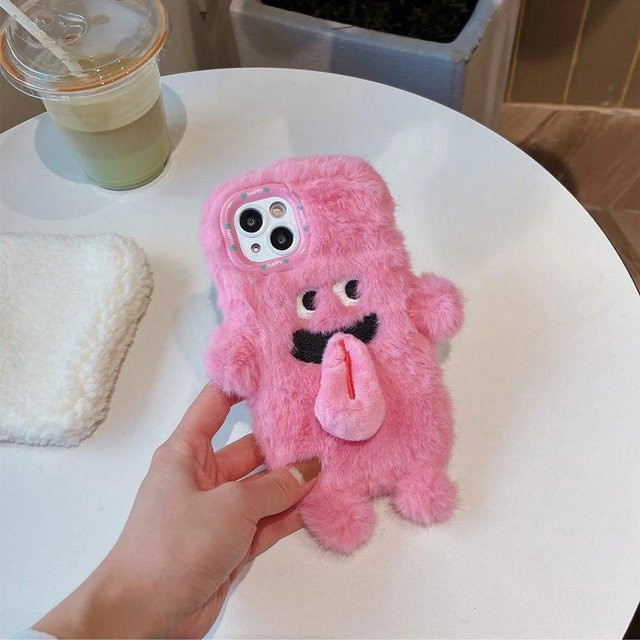 Lustige Monster Handytasche mit Plüsch und magnetischer Zunge für iPhone und Samsung in Rosa - Bild 1
