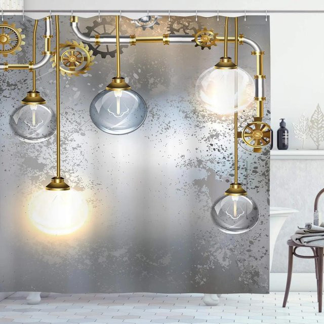 Chic Home Duschvorhang im industriellen Steampunk-Stil mit Messingbesatz und Haken, Grau, B: 165 cm, H: 180 cm - Bild 1