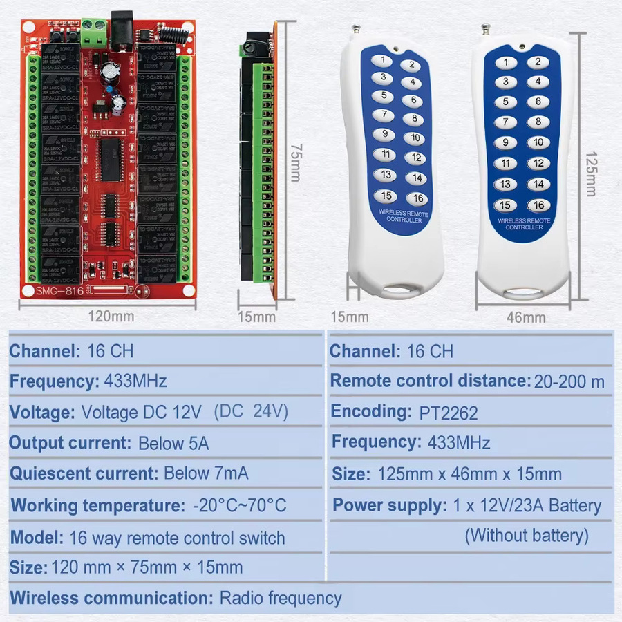 Scimagic-RC 16-Kanal RF Funkfernbedienungssystem mit Empfänger und Sender, 433MHz Relaisplatine für Hausautomation, 12V/24V, 3-Modus-Umschaltung - Bild 4