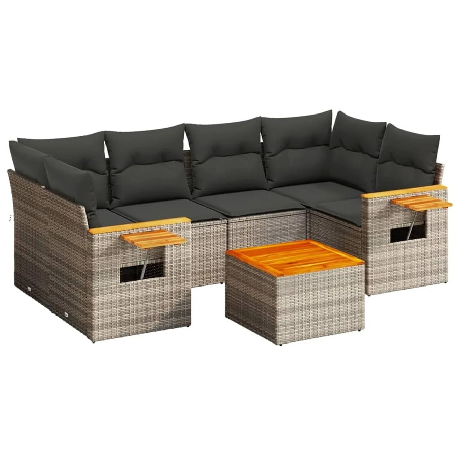 vidaXL 7-teilige Garten-Sofagarnitur aus Poly-Rattan und Akazienholz in Grau mit Kissen - Bild 2