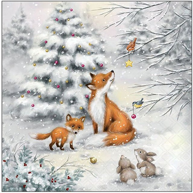 Serviette Waldtiere im Winterwald aus Papier, B/B/B: 33,0 x 33,0 x 33,0 cm - Bild 1