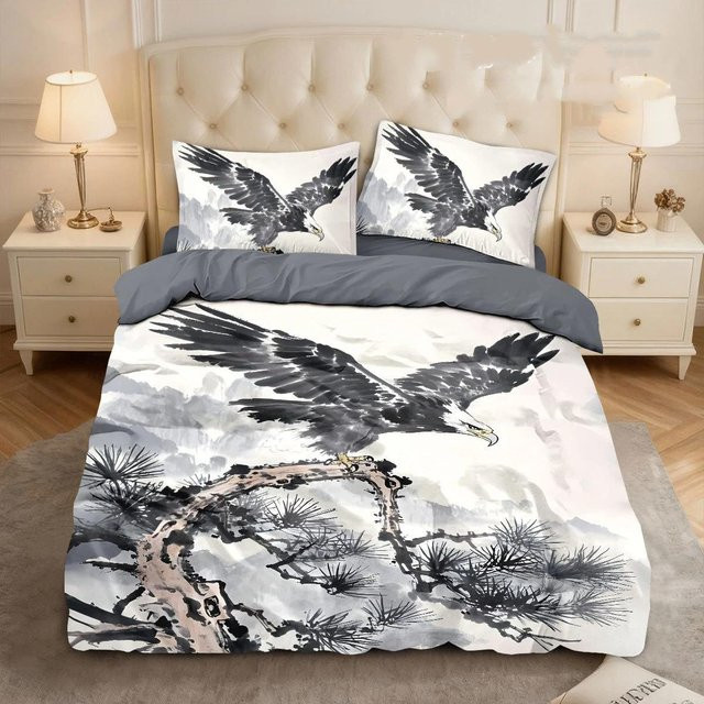 Flylo Bettwäsche-Set mit Adler-Motiv in Weiß, atmungsaktives Polyester-Material, bestehend aus 1 Bettbezug und 2 Kissenbezügen, Maße: 100 x 135 cm - Bild 1