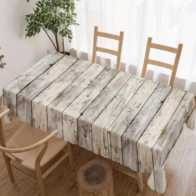 Wasserdichte rechteckige Tischdecke von JINGYUE Pet mit rustikalem Holzplankenmuster in Beige, B/T: 140 x 180 cm - Bild 1