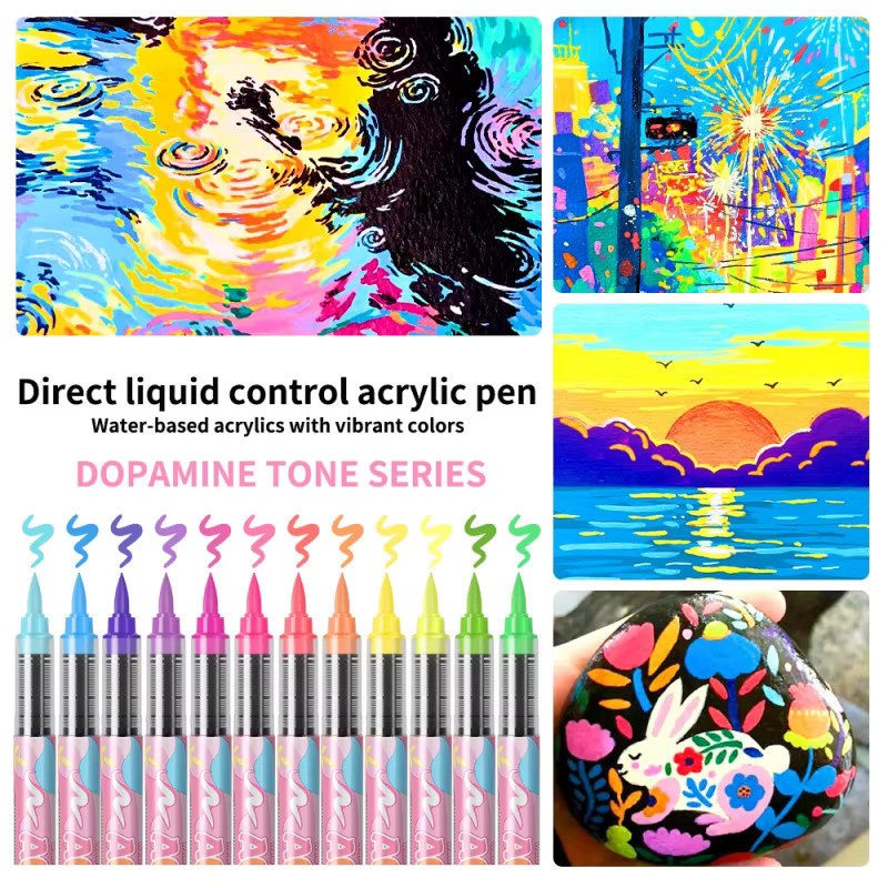 Kolorowys Acryl-Marker Set mit 12 Farben, Wasserbasierte Marker mit weicher Pinselspitze in Multicolour für Holz, Leinwand, Stein und Glas - Bild 3