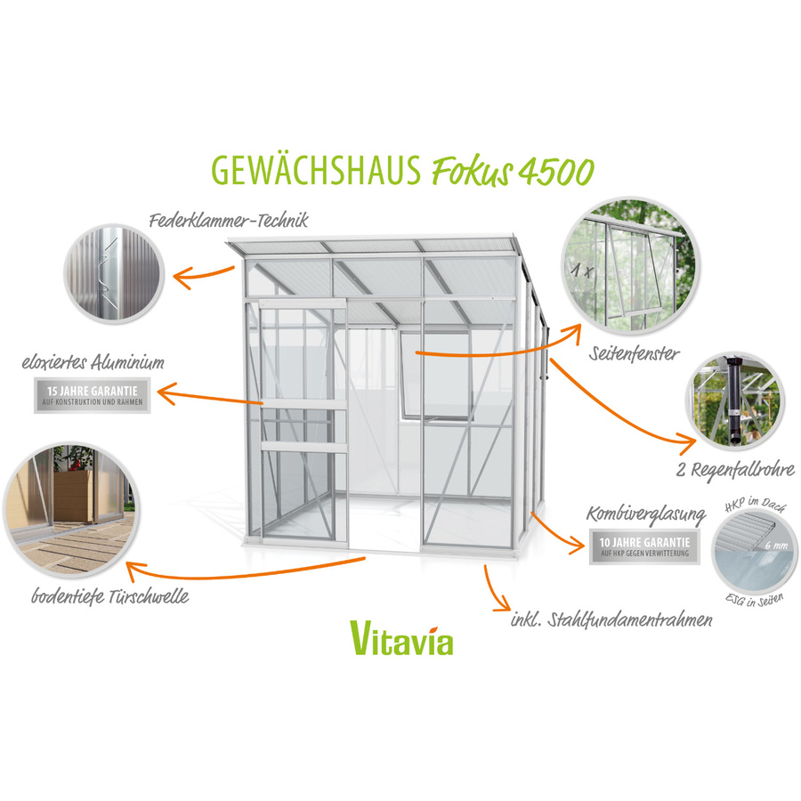 Vitavia Gewächshaus Fokus 4450 freistehend mit Pultdach und Stahlfundamentrahmen, aluminium eloxiert, 3,7 m² - Bild 4