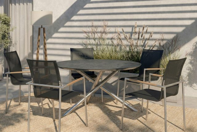 OUTFLEXX Garten-Essgruppe für 5-6 Personen in Silber und Anthrazit mit Rundtisch aus Glaskeramik und Edelstahl sowie Textilene-Stühlen und Teakholz-Elementen, Tisch Durchmesser: 150 cm, Höhe: 74 cm - Bild 1