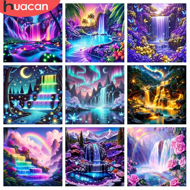 HUACAN Diamant-Gemälde Wasserfall Landschaft als rundes Diamant-Mosaik in Multicolor zur Wanddekoration - Bild 1