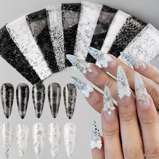 Full Beauty Nageltransferfolien Spitzenblumen, Schwarz-Weiß, Glänzend, 10 Stück - Bild 1