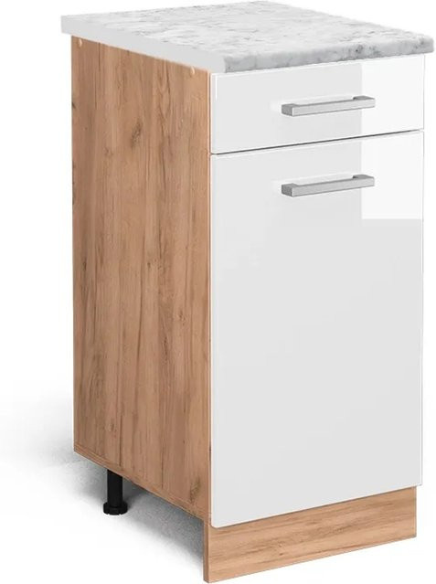Vicco R-Line Küchenschrank in Weiß Hochglanz mit Schubladen und Marmor-Optik, B/T/H: 40 x 46 x 81,6 cm - Bild 1