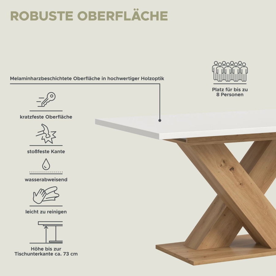 Inn.Furn Esstisch ausziehbar in Weiß und Eiche, rechteckig, B/T/H: 150 x 90 x 76 cm bis 190 x 90 x 76 cm - Bild 5