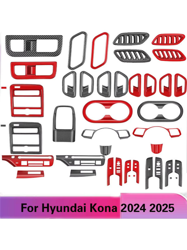 Fensterheber-Schalterabdeckung und Klimaanlagen-Auslassabdeckung für Hyundai Kona 2024 2025 aus ABS und Carbonfaser in Rot/Schwarz - Bild 6